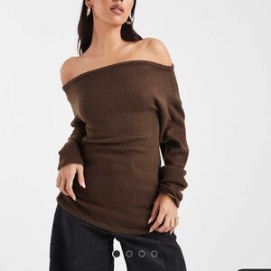 ASOS DESIGN knit one shoulder ruched sweater in chocolate brown